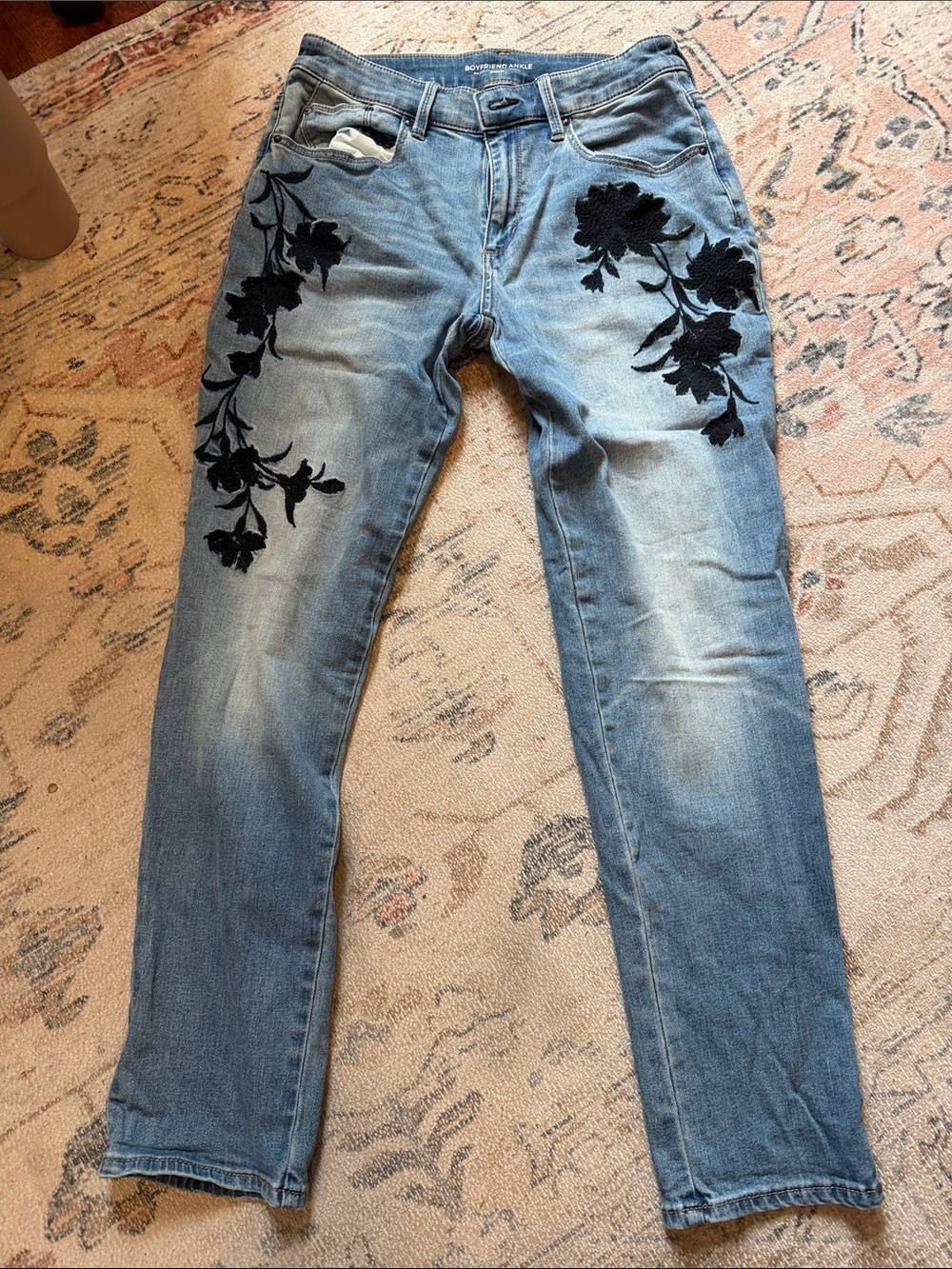 Chico's Light Blue Jeans with Black Floral Embroidery